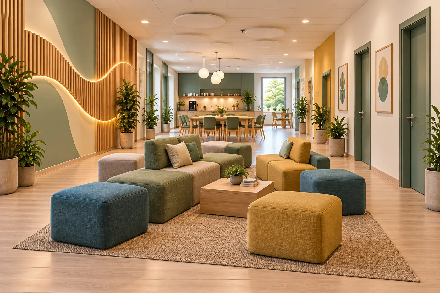 Symbolbild Farbkonzept: Lounge und Bistro im Erdgeschoss