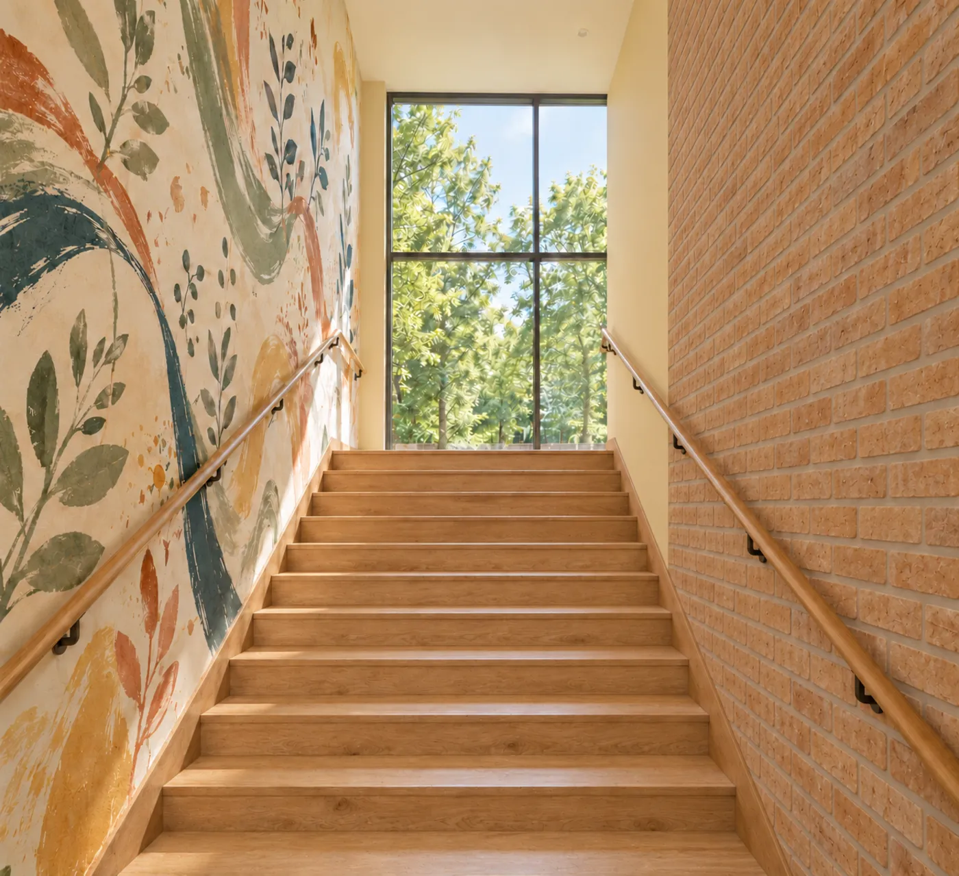 Symbolbild Farbkonzept: Treppenhaus mit Backstein und Wandbild